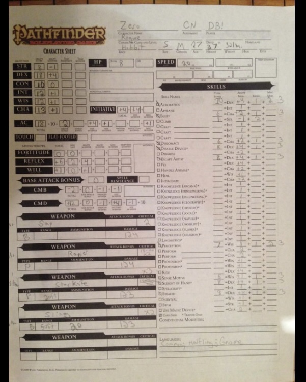 Dabid's First RPG Character Sheet Zero Cool Pathfinder D&D